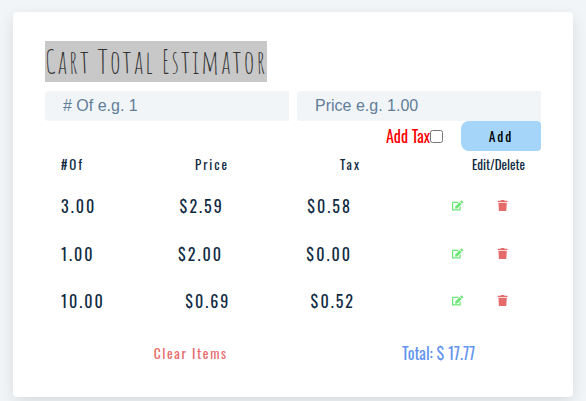 Screenshot of the cart total estimator